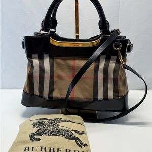 Burberry Black Leather House Check Canvas Hepburn Bag